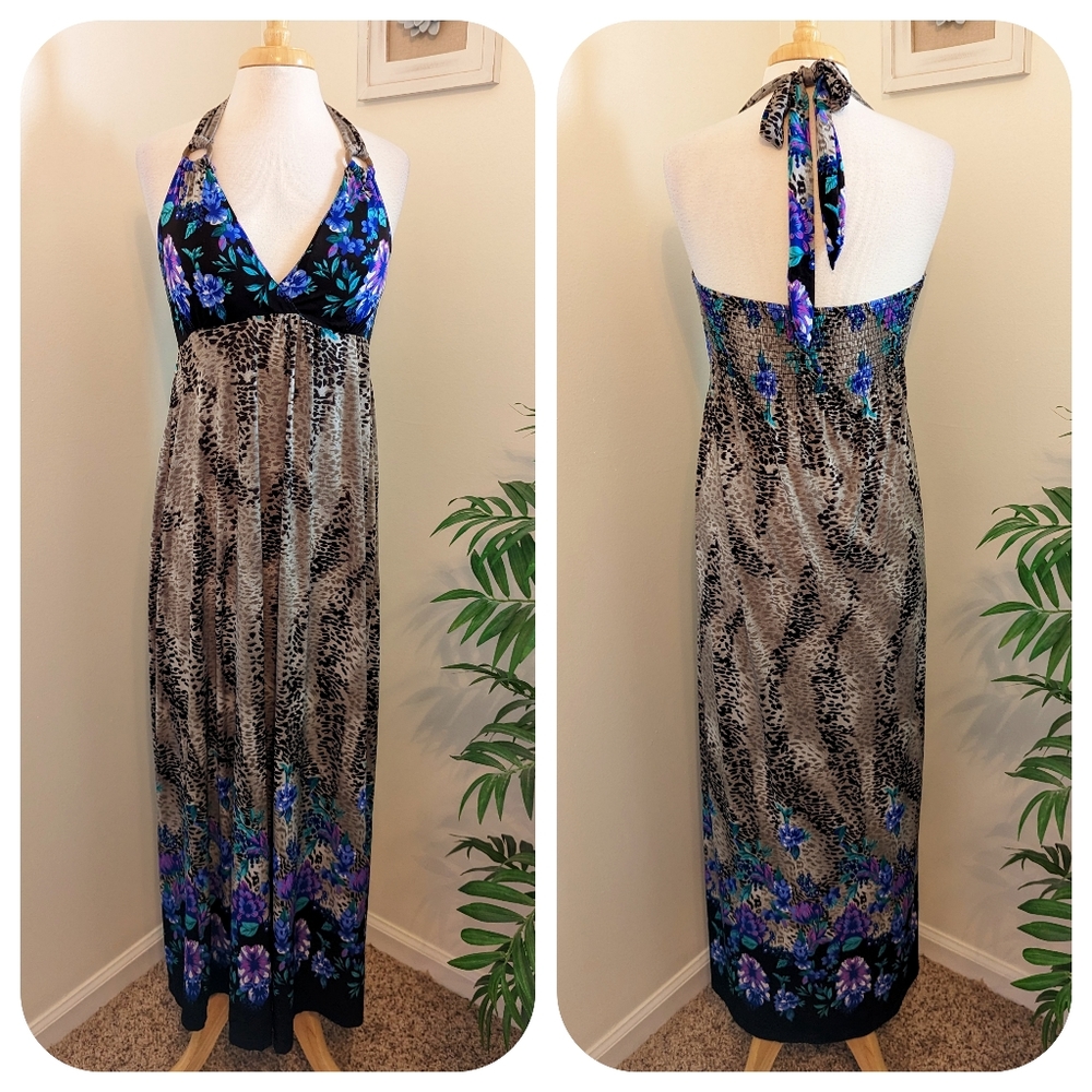 Magic Animal and Floral Print Halter Maxi Dress Multicolor Large